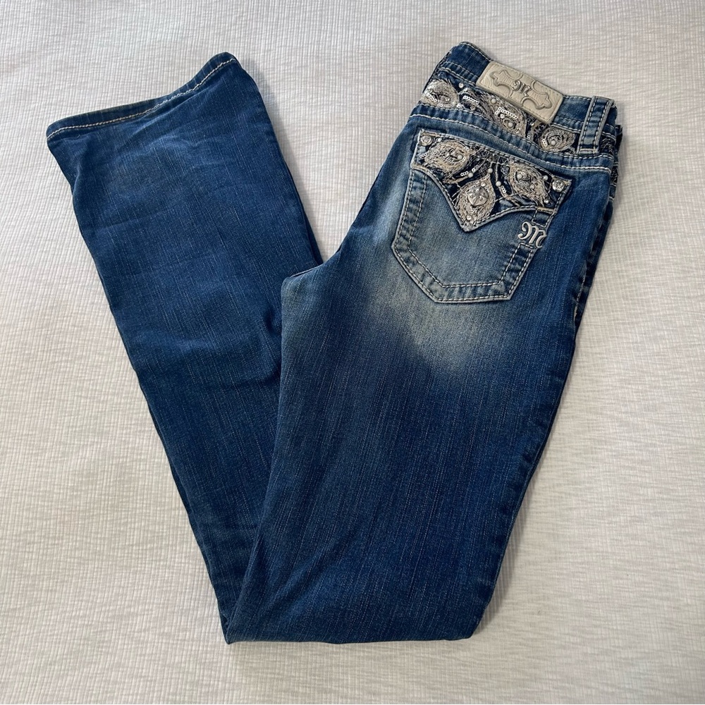 MISS ME Chloe Boot Cut Blue Jeans Denim Size 29 Jeweled Pockets Y2K
